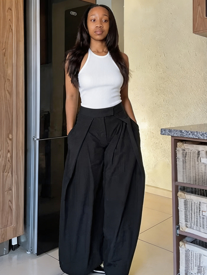 Solid Color Press Pleated Wide Leg Pants SH 391665