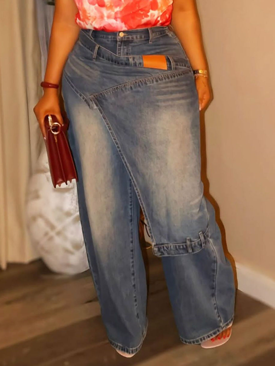 Plus Size Irregular Patchwork Washed Jeans GYLN 1888