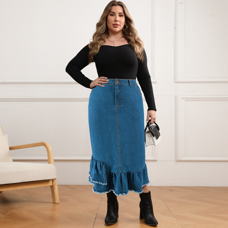 Plus Size Tassel Ruffle Denim Half Body Skirt GDAM 218633