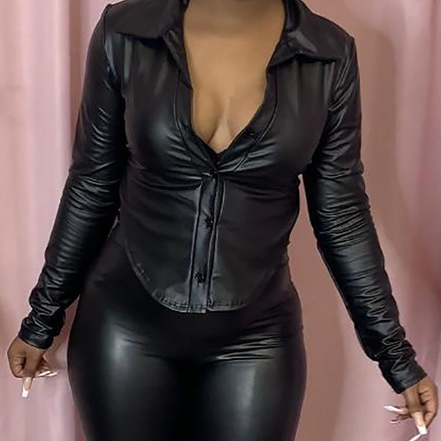 PU Leather Backless Tie Knot Long Sleeve Top LSD 81096