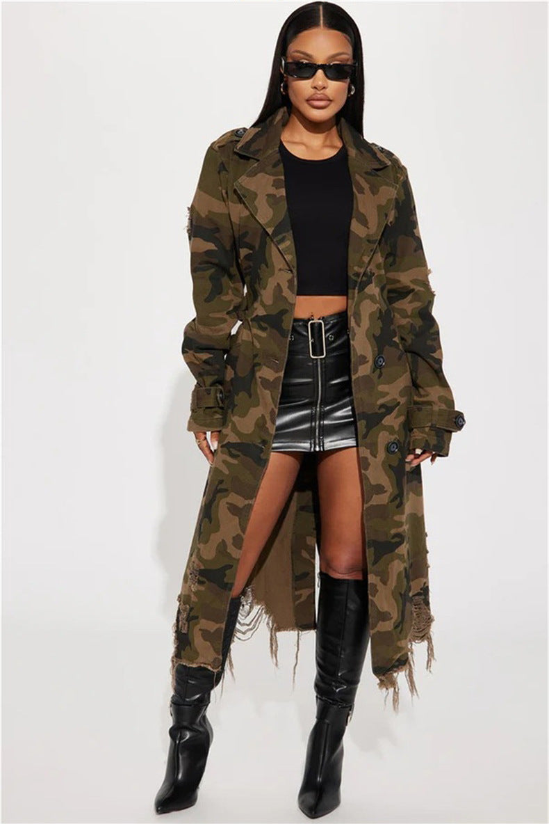 Camouflage Print Holes Long Trench Coat SH 391323