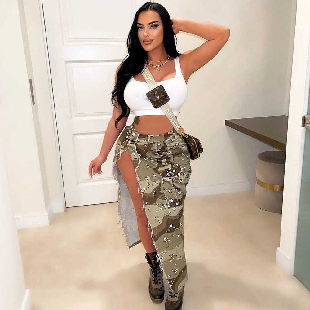 Camouflage Print High Split Long Skirt GNZD 8805DD