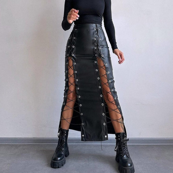 Solid Color Split Tie Up Long Skirt GPBY 16556