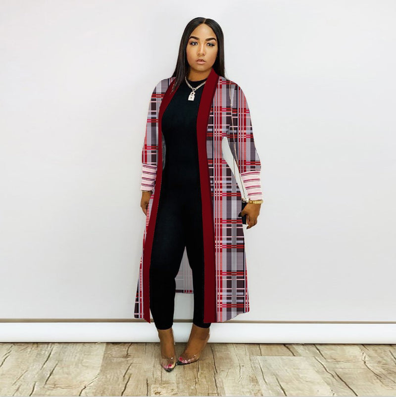 Plus Size Print Long Sleeve Knit Coat GRNH 8078