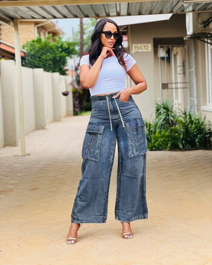 Plus Size Fashion Washed Pockets Wide Leg Jeans GYLN 0682