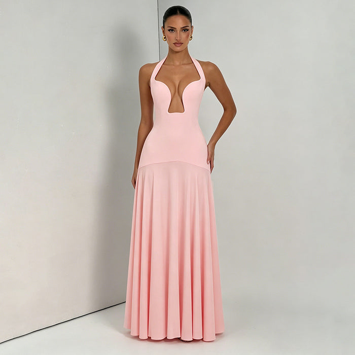 Halterneck Sleeveless Solid Color Maxi Dress GSZM C26DS202