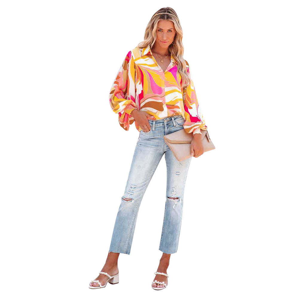 Printed Single Breasted Lantern Long Sleeve Shirt GOSD 10110