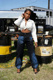 Plus Size Starry Blue Graffiti Print Straight Jeans GYLN 0063