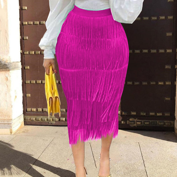 Plus Size Solid Color Tassel Patchwork Half Body Skirt GKEN 200303