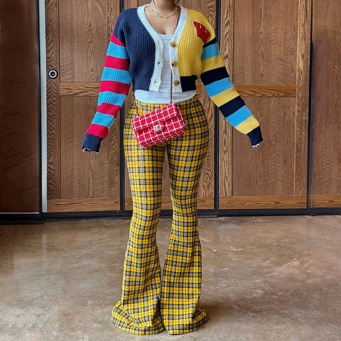 Fashion Vintage Plaid Print Flared Pants GSBD D25PT453