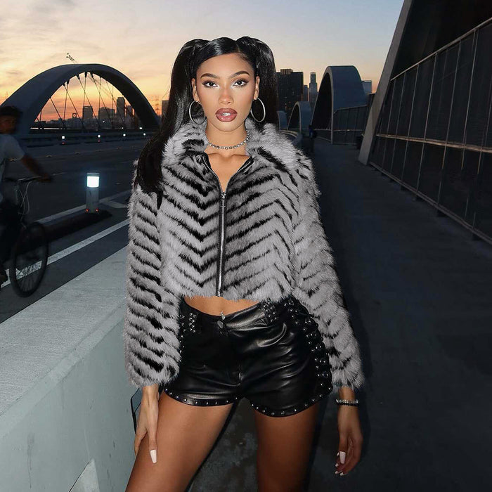 Striped Lapel Zipper Fur Jacket GYME K25C79854