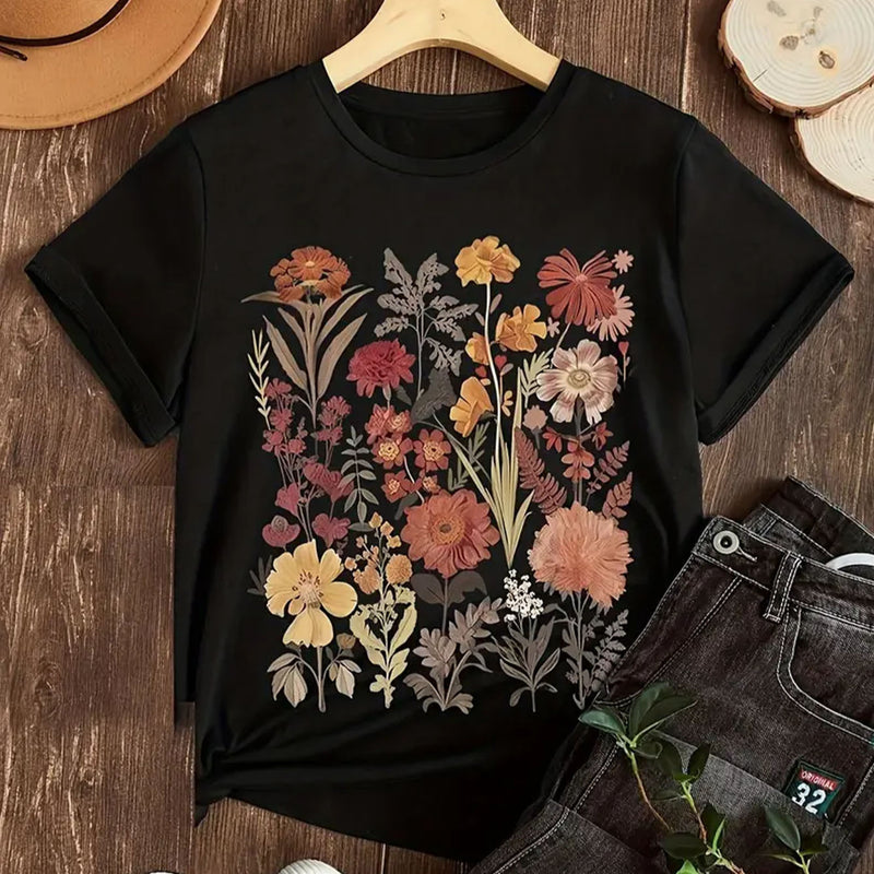 Colorful Floral Print Loose Short Sleeve T shirt GYIQ ZB113856C