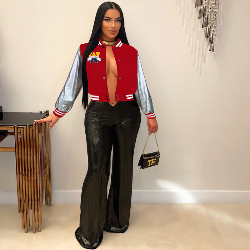 Embroidered Color Block Spliced Baseball Jacket MDF 5390