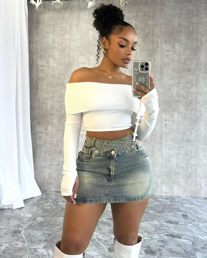 Fashion Crossover Buckle Denim Short Skirt TK 6312