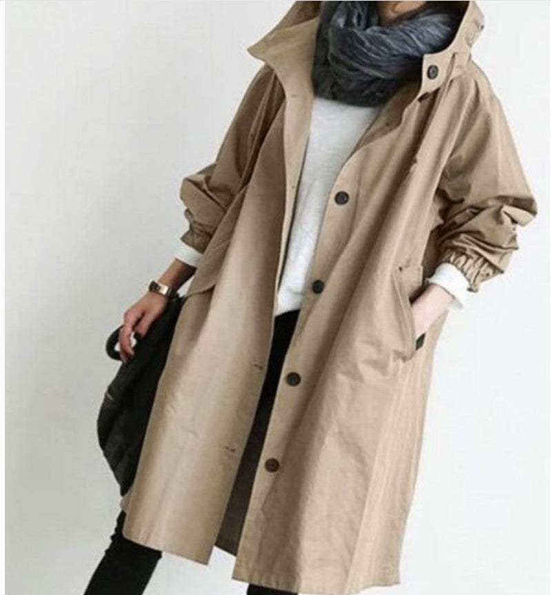 Plus Size Solid Color Long Sleeve Hooded Wind Coat GOFY X2279