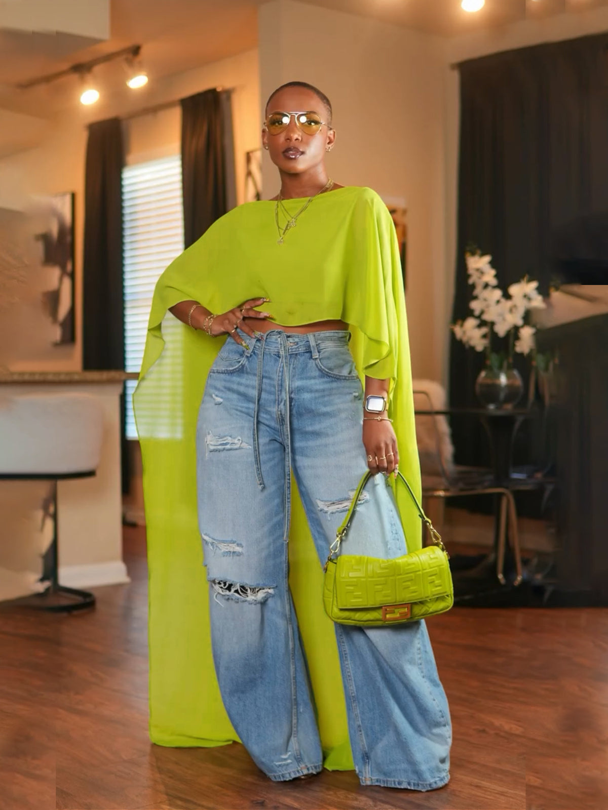 Loose Mesh Oversized Cape Bat Sleeve Crop Top SFY 896