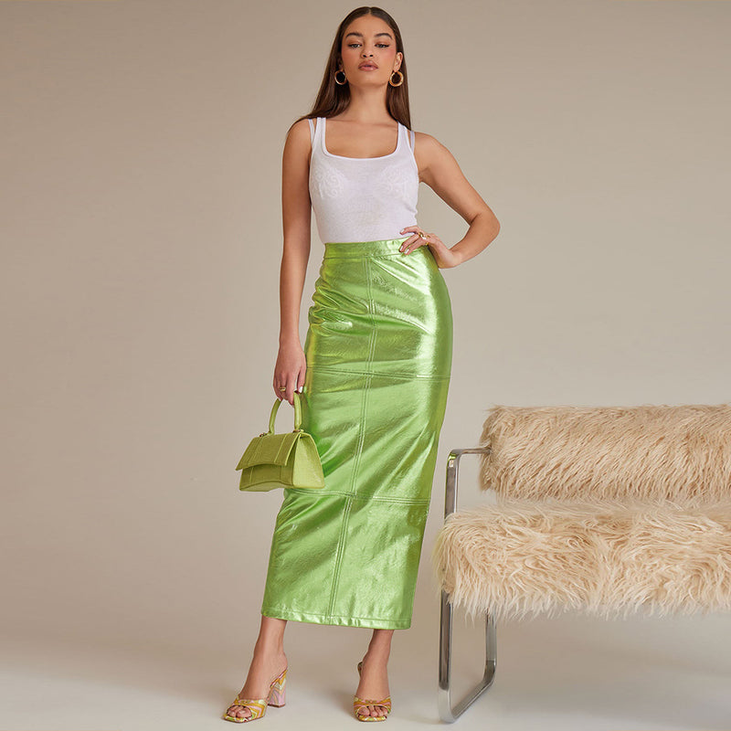 Patchwork Split PU Leather Half body Skirt GFRT 7662