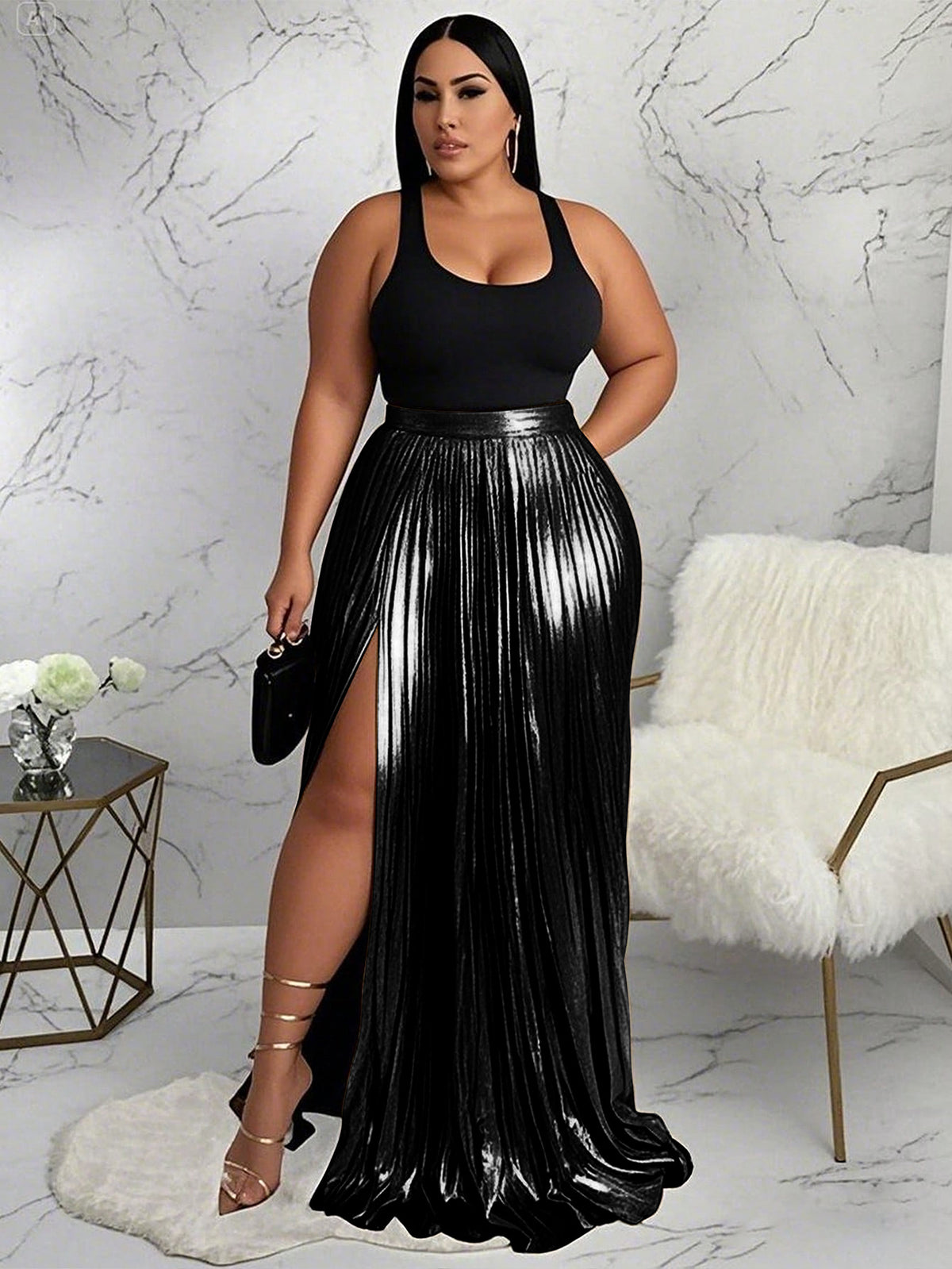 Plus Size Solid Color Press Pleated Split Long Skirts NNWF 6086