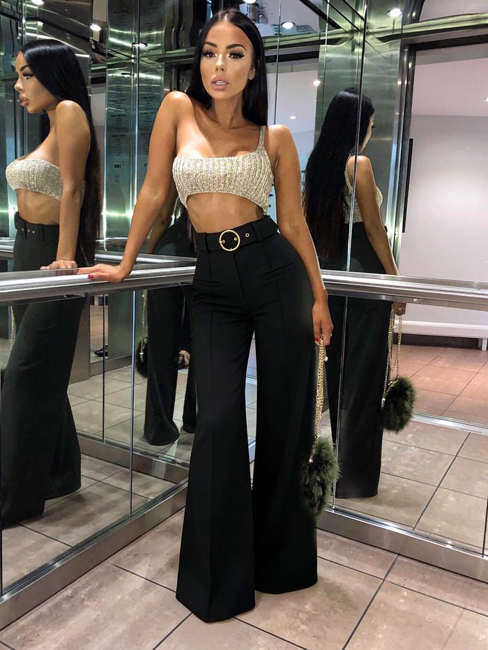 High waisted Metal Ring belt Wide Leg Pants SH 391471