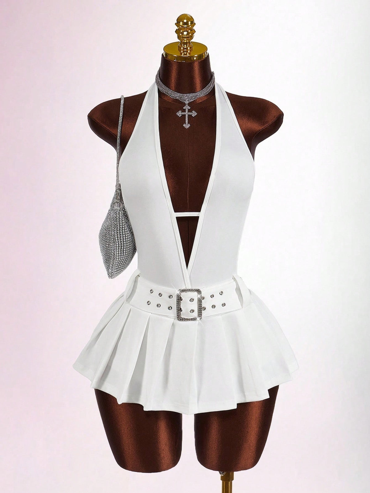 Sleeveless Deep V Neck Pleated Mini Dress GXIY K25L1743