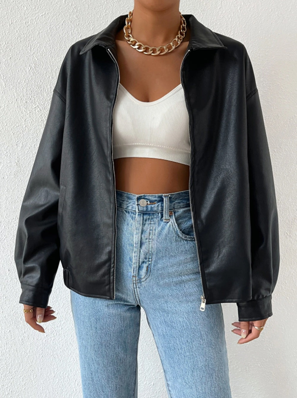 Long Sleeve Lapel Zipper Leather Jacket GPBY CT16412