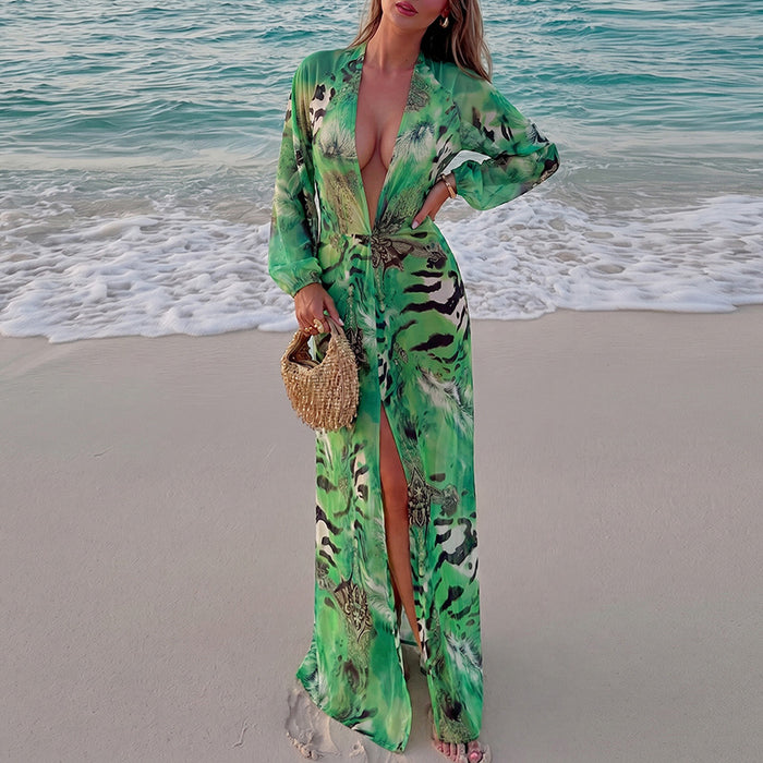 Deep V Neck Print Backless Split Maxi Dress XEF K6D11375A