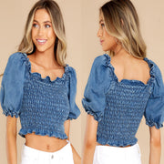 Solid Color Denim Short Sleeve Crop Top GYAN 22883