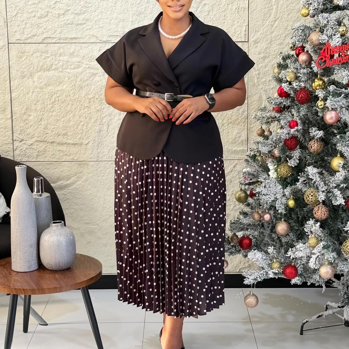 Plus Size Short Sleeve Blazer Polka Dot Print Long Skirt Suit GATE 620