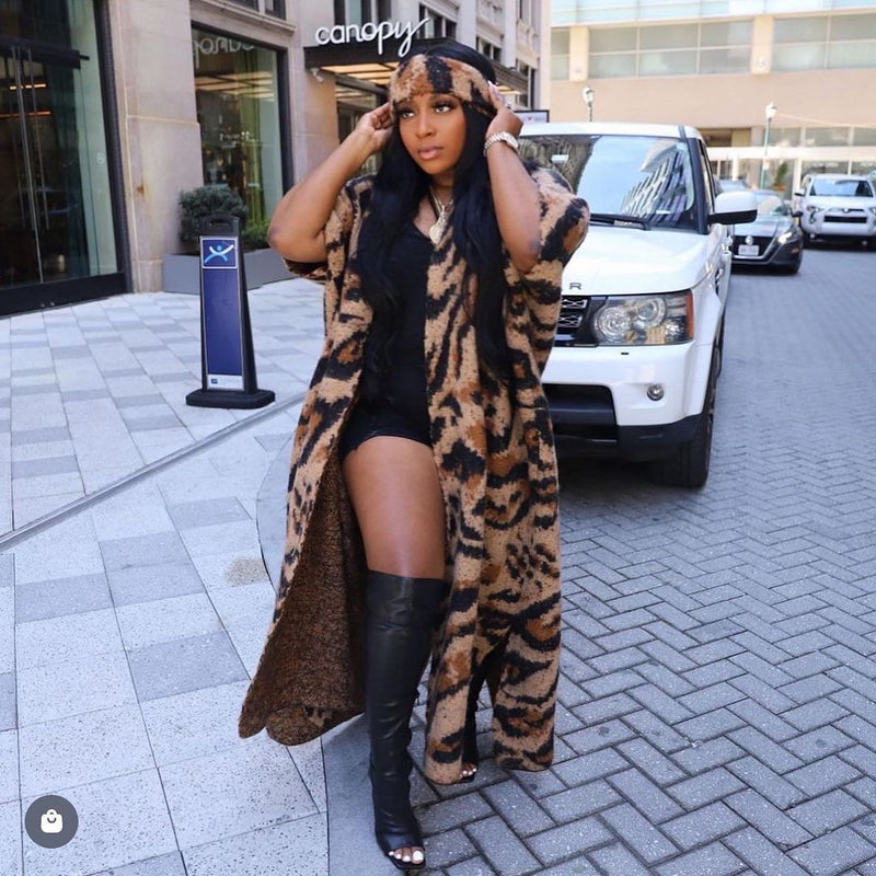 Casual Leopard Print Knits Short Sleeve Long Coat With Headscarf TR 1278