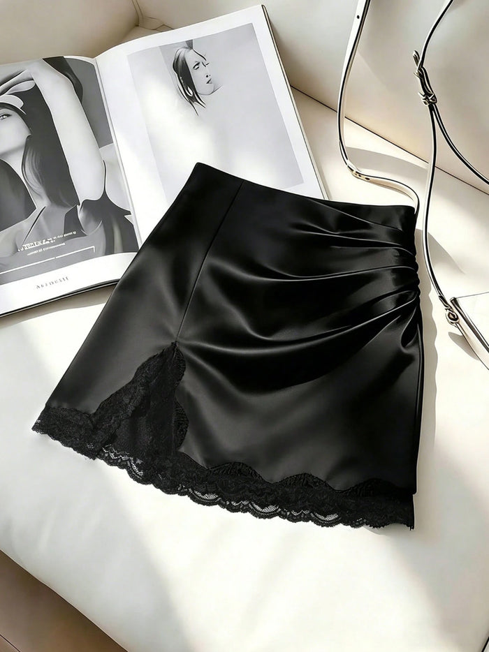 Lace Patchwork Satin Mini Skirt GSRX 989