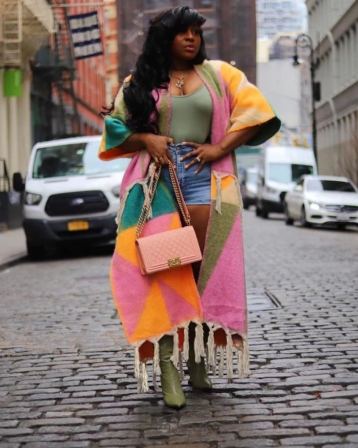 Casual Color Blocking Tassel Knit Coat TR 1291