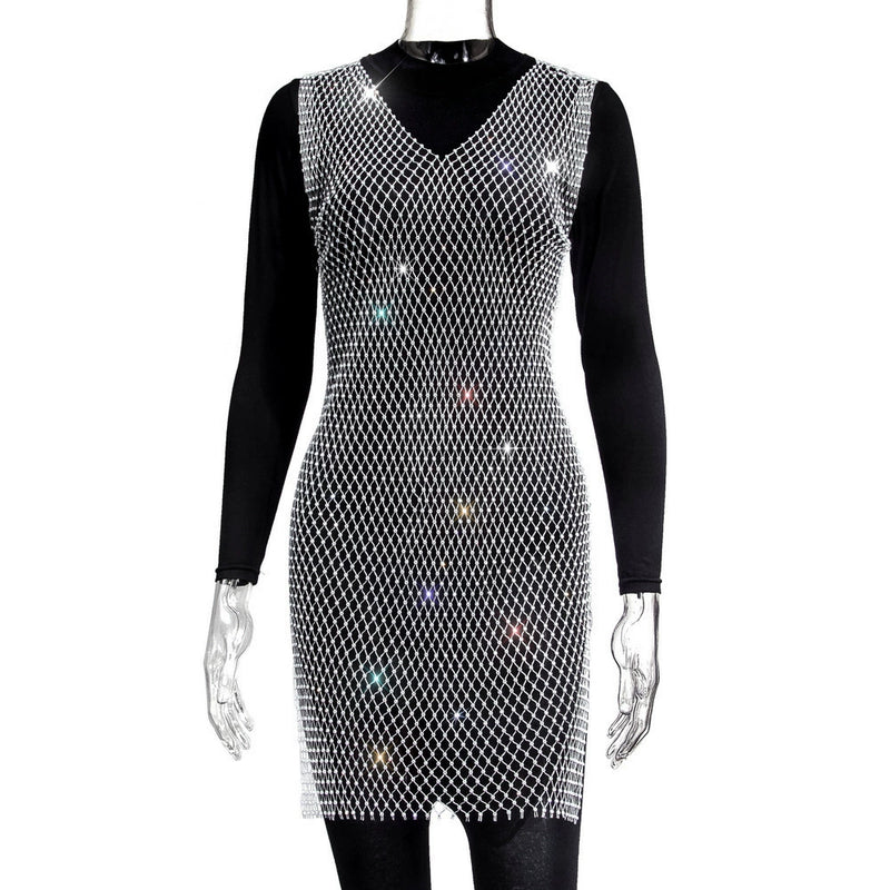 Sexy Mesh Sparkle Diamond Fishnet Mini Dress GZYY 1002