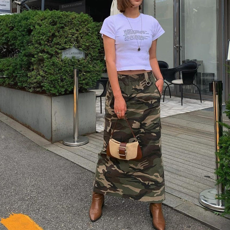 Plus Size Camouflage Printed Washed Long Skirt GNZD 9149DD