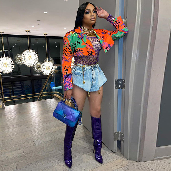 Casual Printed Long Sleeve Cropped Blazer Coat WMEF 20770