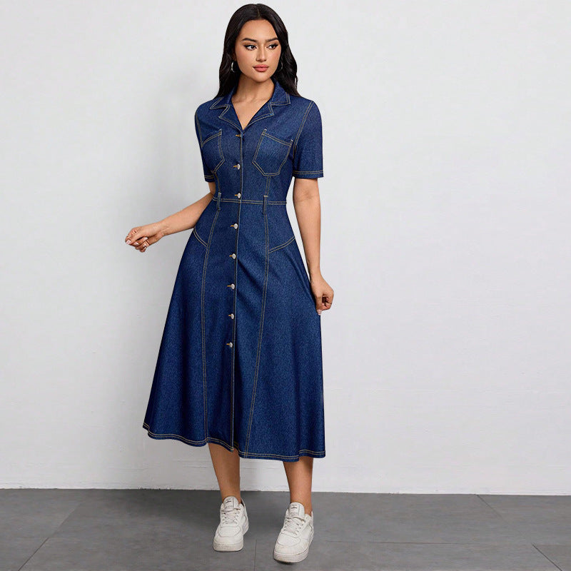 Plus Size Single Breasted Button Short Sleeve Denim Maxi Dress GDAM 218820