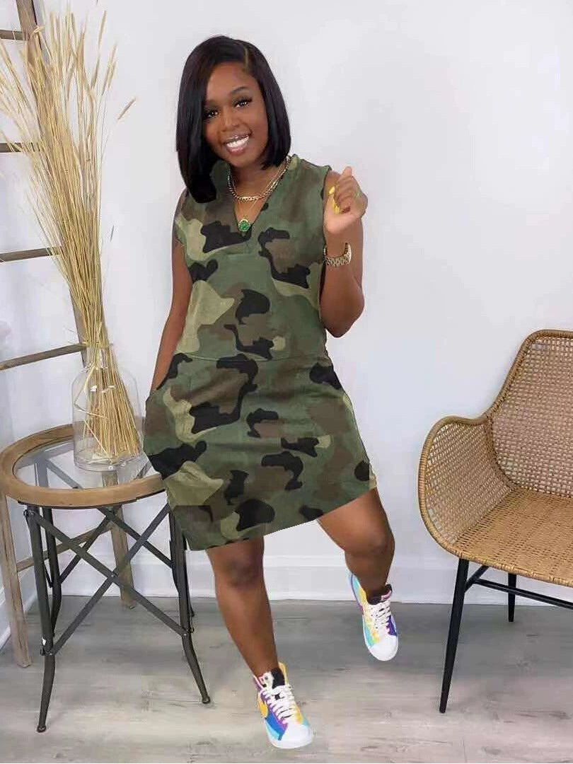 Plus Size Sleeveless Camouflage Print Mini Dress SH 391576