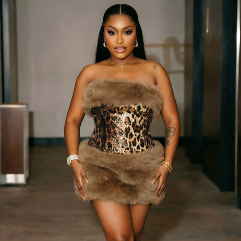 Fur Patchwork Leopard Sequin Mini Dress GDSF D26DS271