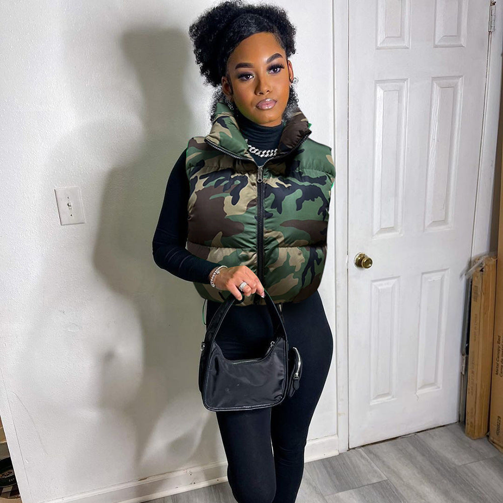 Camouflage Collar Sleeveless Short Cotton Jacket Coat GNZD 9445TD