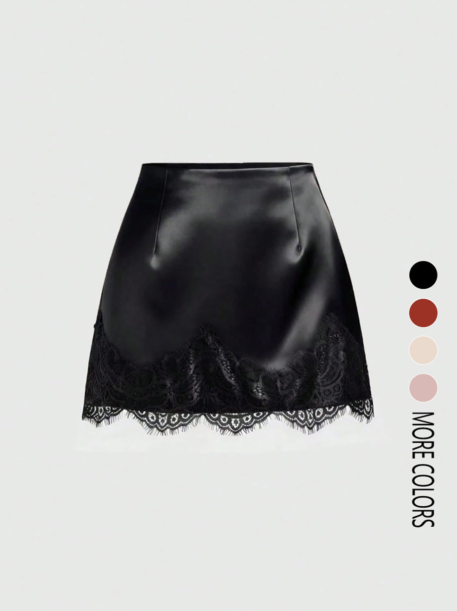 Satin Lace Edge Patchwork Mini Skirt GSRX 876