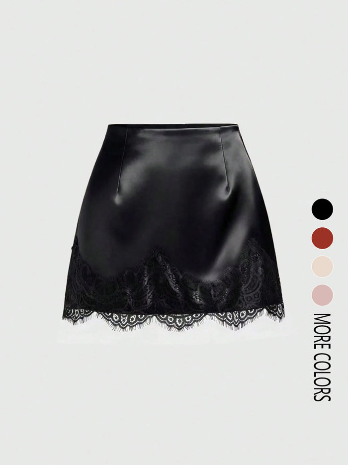 Satin Lace Edge Patchwork Mini Skirt GSRX 876