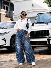 Plus Size Polka Dot Print Embroidered Jeans GYLN 0086