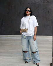 Plus Size Washed Holes Loose Jeans GYLN 3102