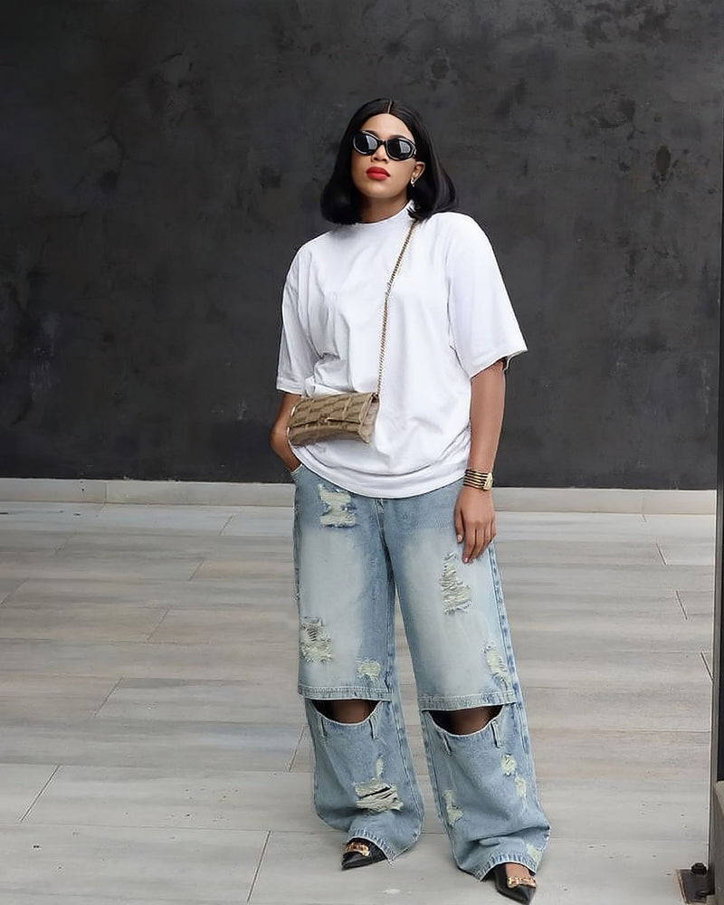 Plus Size Washed Holes Loose Jeans GYLN 3102