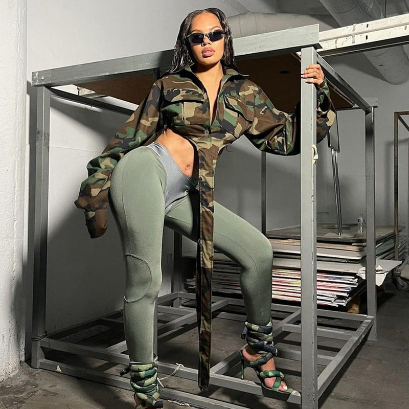Camouflage Print Sexy Waistless Irregular Coat GNZD 7978TG