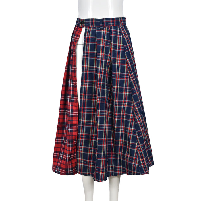 Contrast Color Plaid Print Split Skirt GBTF 7993SG