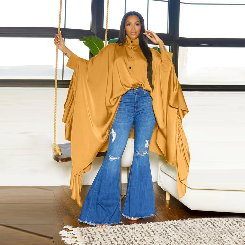 Pleated Long Solid Color Shawl Blouse NNWF 10623