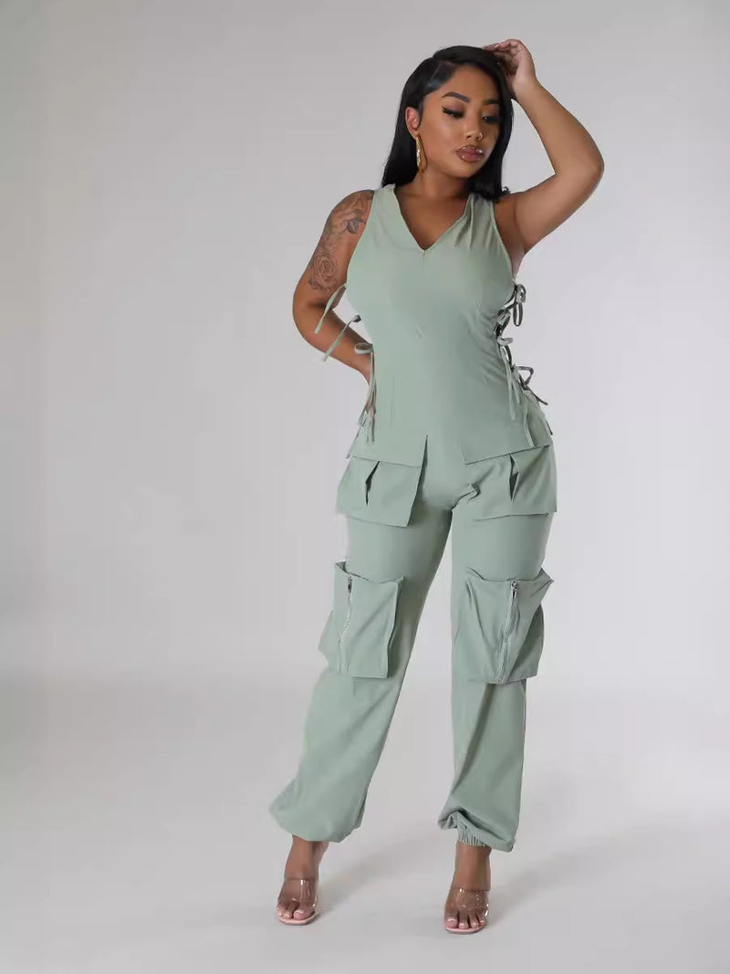 Plus Size Sleeveless V Neck Bandage Jumpsuit GHXF HX0417
