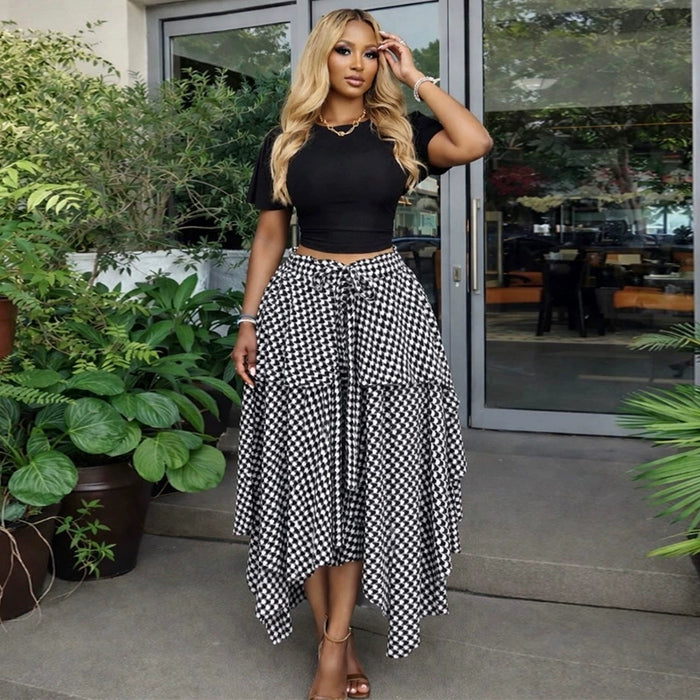 Plaid Print Tie Up Irregular Long Skirts GCNE 75218