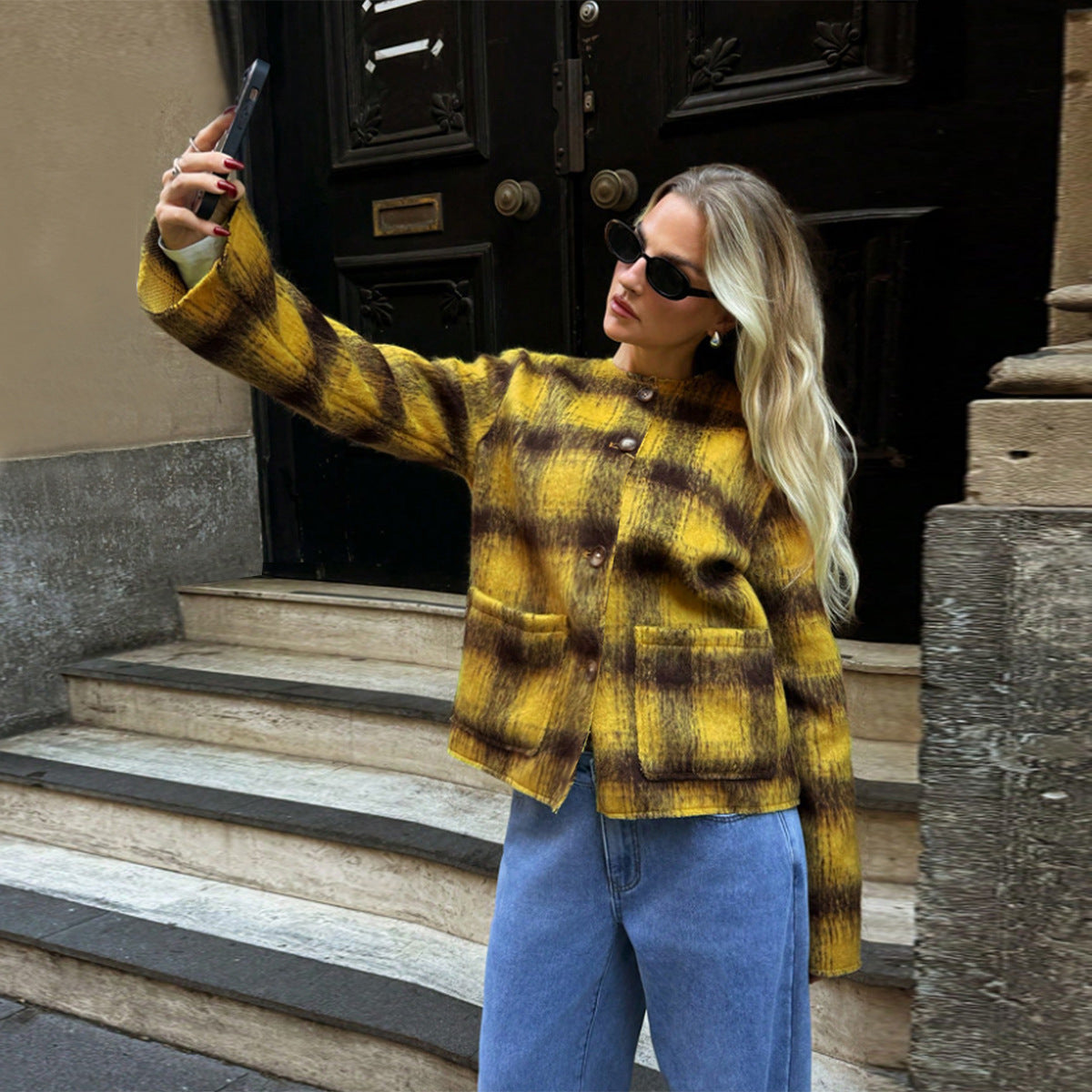 Plaid Print Long Sleeve Coat GFRT 60319TBZ