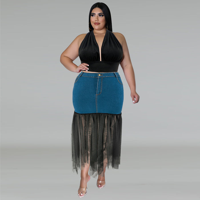 Plus Size Denim Patchwork Mesh Long Skirts GDAM 218393